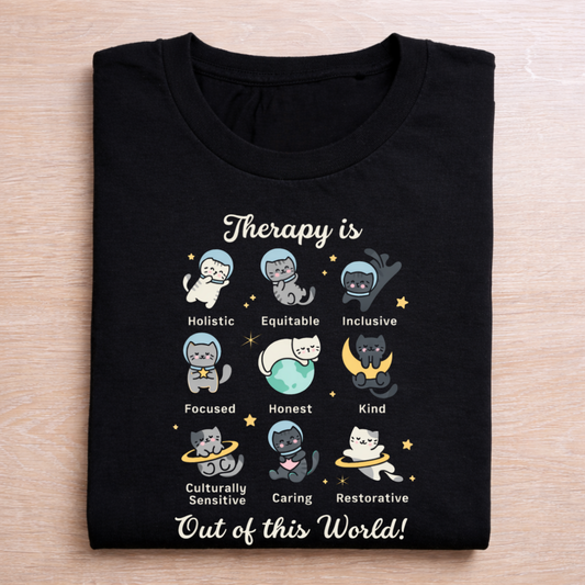 Cat Therapy Is Out of This World T-Shirt | Mental Health Positive Cat Illustration Tee |Unisex Classic Crew T-Shirt