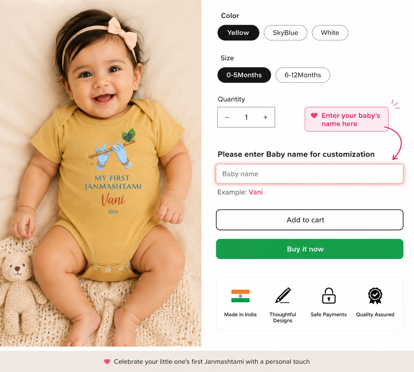 Personalised My First Janmashtami Romper for Baby | Custom Name Krishna Bodysuit | Newborn Festival Outfit