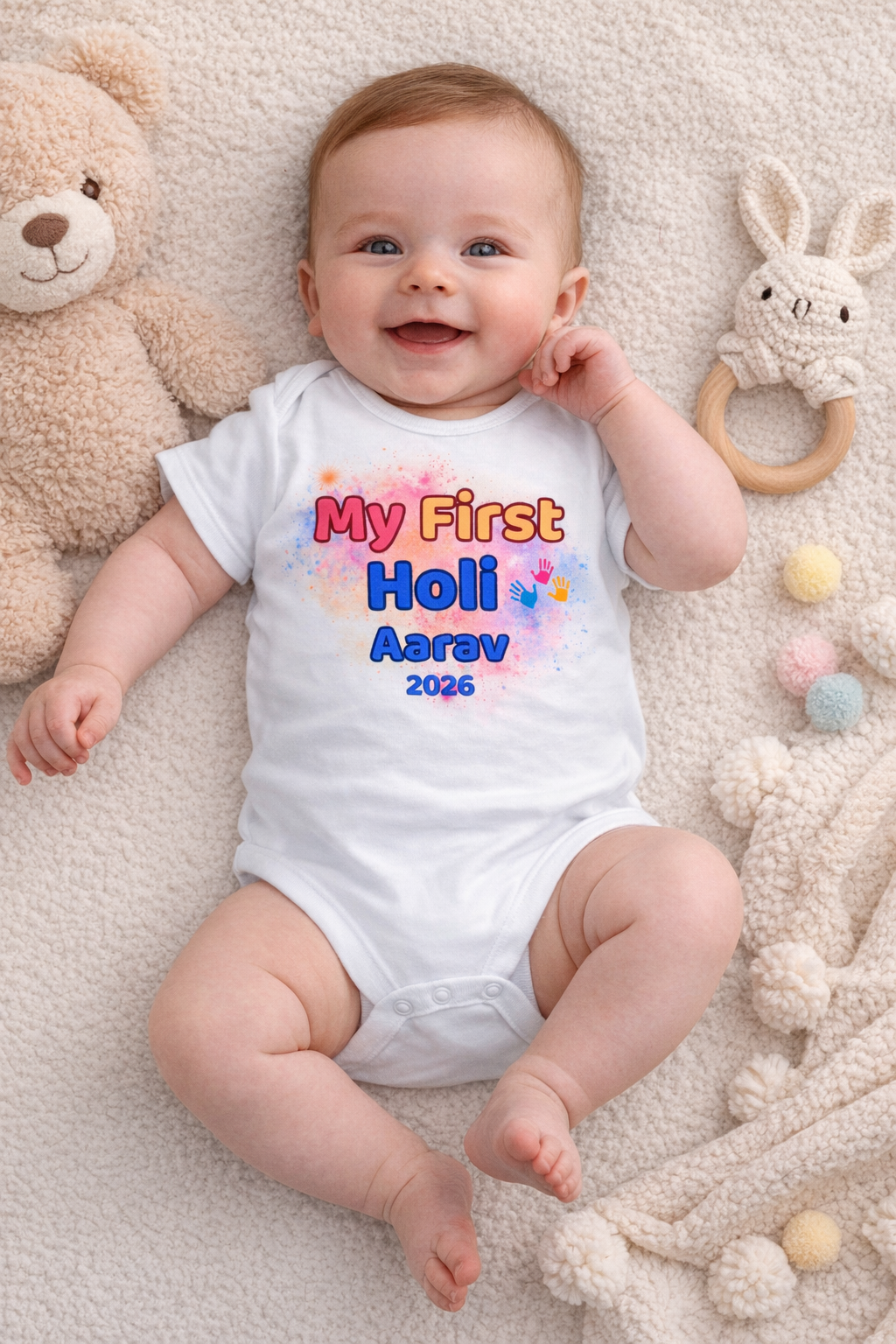 My First Holi Personalized Baby Onesie 2026 – Custom Name Holi Outfit for Babies||Kids Rompers