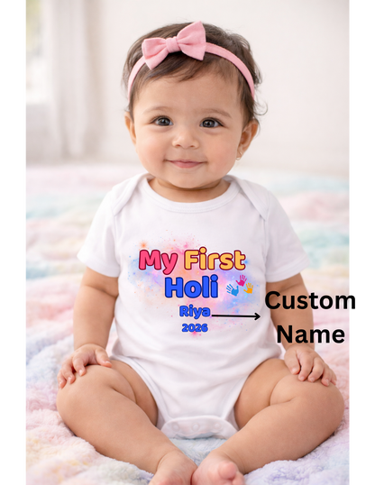 My First Holi Personalized Baby Onesie 2026 – Custom Name Holi Outfit for Babies||Kids Rompers