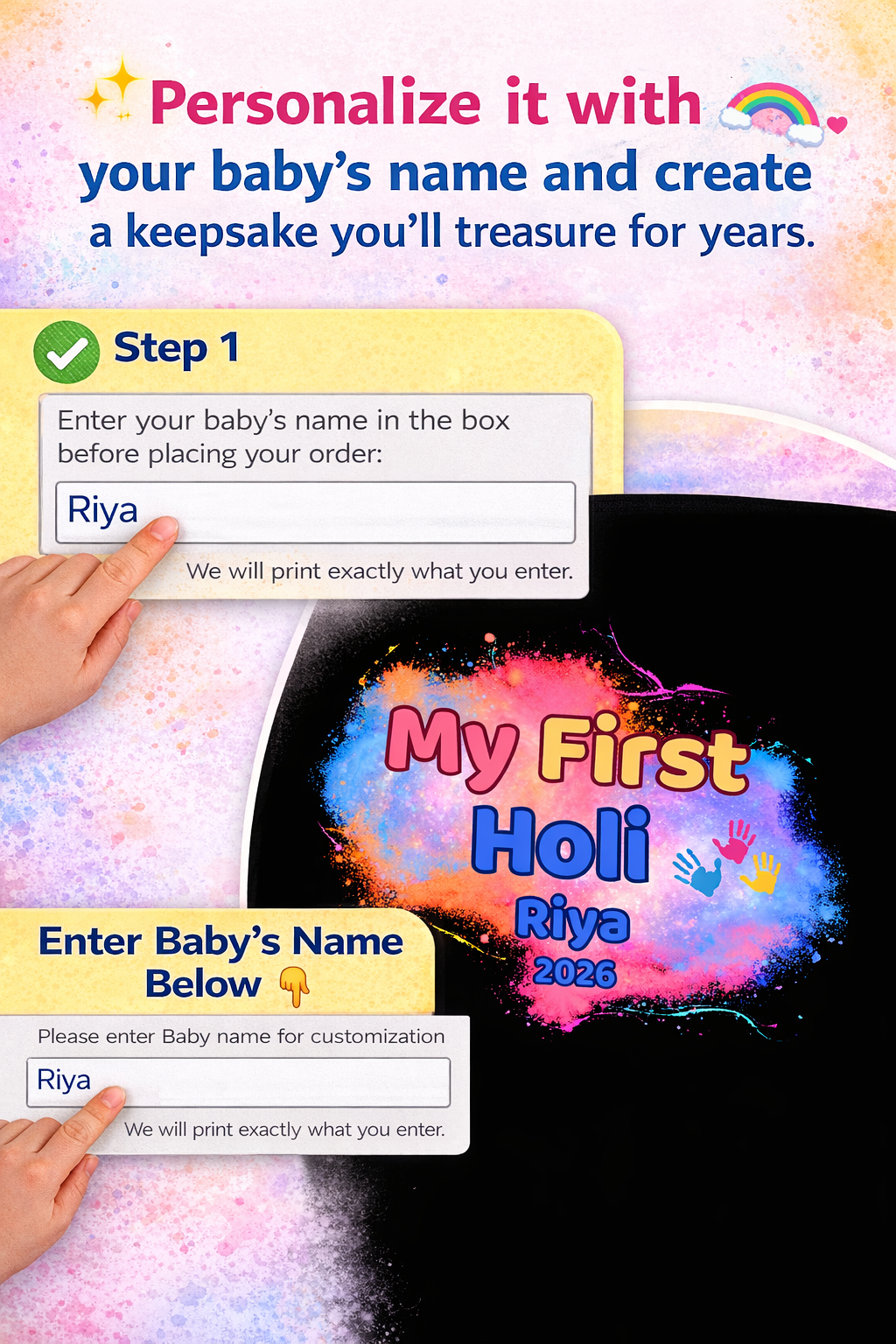 My First Holi Personalized Baby Onesie 2026 – Custom Name Holi Outfit for Babies||Kids Rompers