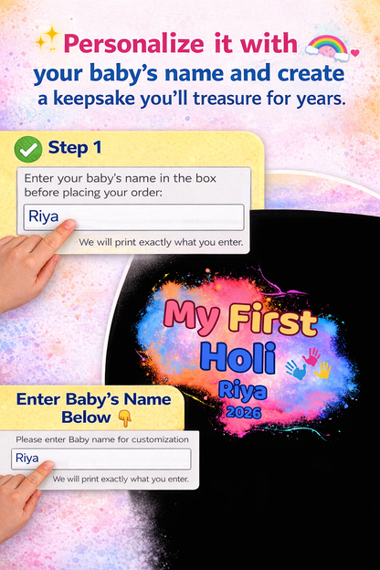 My First Holi Personalized Baby Onesie 2026 – Custom Name Holi Outfit for Babies||Kids Rompers